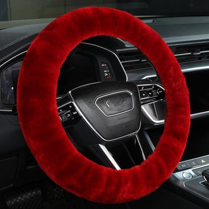 Soft Fluffy Wool Sheepskin car Steering Wheel Cover for Girls Women Universal car 14 1/2-15 1/2inchs (Claret) - color: Claret