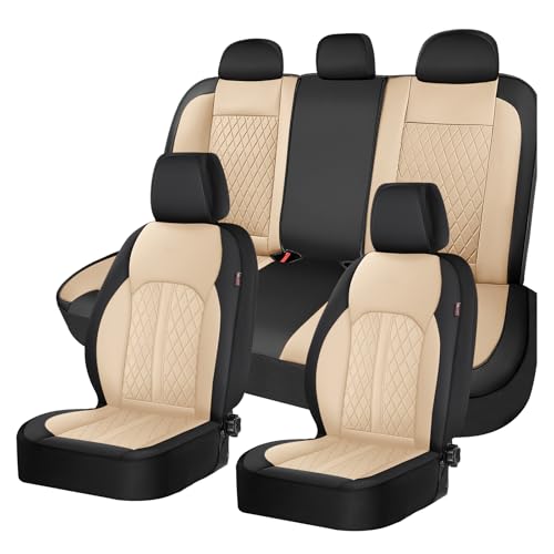 Coverado Universal Leather Seat Covers Full Set for 5 Seats – Waterproof, Durable All-Weather Protector for SUV, Pickup Truck, Sedan, Black&Beige - color: Black&Beige, size: FullSet