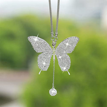 Rhinestones Butterfly Diamond Car Accessories - Crystal Rear View Mirror Charms for Women, Valentine's Day Gifts - Silver