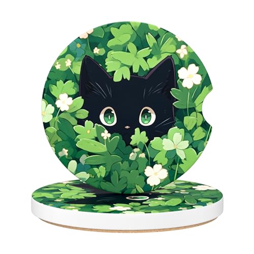Aiawoxc Car Cup Holder Coasters, 2 Pack Universal Auto Anti Slip Insert Coaster with A Finger Notch, Cup Mat for Most Car Interior, Green Leaf Cat - color: Green Leaf Cat, size: Ceramic