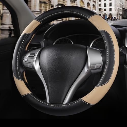 Leather Car Steering Wheel Cover, Non-Slip Car Wheel Cover Protector Breathable Microfiber Leather 15.5"-16" Large Size for Most Cars,Beige-2 - color: Beige Large Size [15.5"-16"]