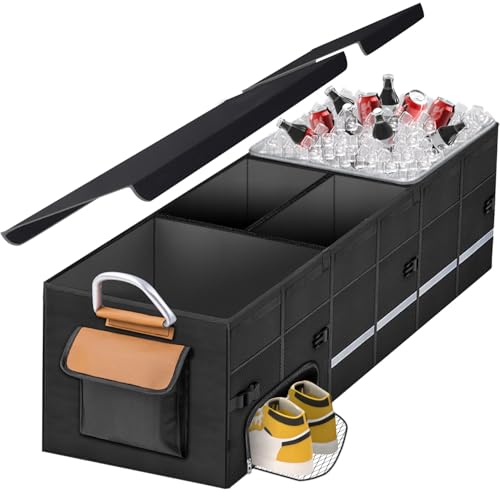 HAMOPY Car Trunk Organizer and Storage with Separate Compartment for 1 Pair of Shoes, Heavy Duty with Lid & Removable Leakproof Cooler Bag, Collapsible Large Trunk Organizers for SUV Sendan (Black) - color: Black