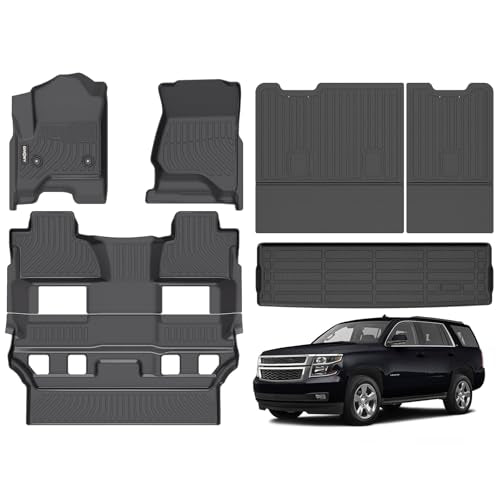 GINOWY- Floor Mats & Cargo Liner for Chevy Tahoe 2015-2020 & GMC Yukon (Only Bucket Seat), TPE All Weather Tahoe Car Floor Mats, Non-Slip Backrest Mat Waterproof Floor Liners Accessories Black - style: 5) for Chevy Tahoe 2015-2020 Full Set with backrest m
