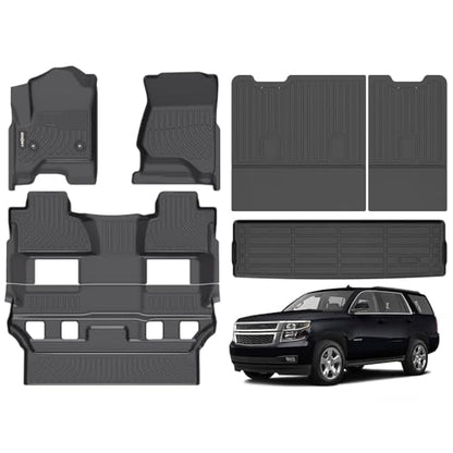 GINOWY- Floor Mats & Cargo Liner for Chevy Tahoe 2015-2020 & GMC Yukon (Only Bucket Seat), TPE All Weather Tahoe Car Floor Mats, Non-Slip Backrest Mat Waterproof Floor Liners Accessories Black - style: 5) for Chevy Tahoe 2015-2020 Full Set with backrest m