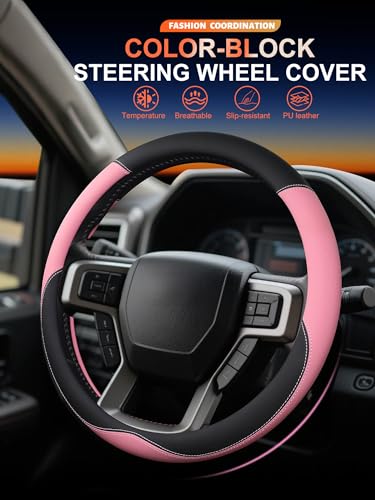 Leather Steering Wheel Cover for Ford F150/F250/F350, 15.5-16 Inch Truck Steering Wheel Grip, Breathable & Anti-Slip, Premium Semi Car Accessories (Pink) - color: Pink