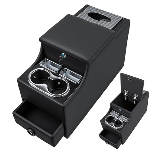 Center Console Between Seats for Minivans, SUVs, Middle Vans & Trucks with Locking & Tissue Box, 20 ''(L) × 9.84''(W) × 13''(H) Universal Floor Center Console(Black), No-Drill installal