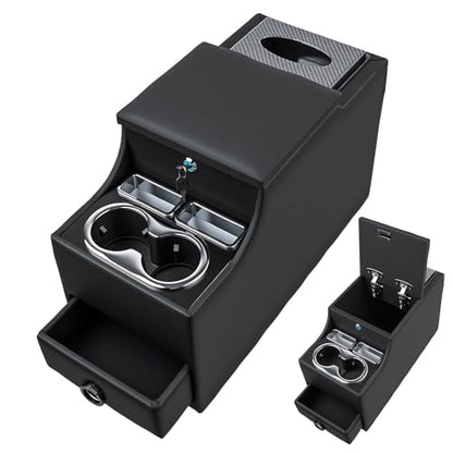 Center Console Between Seats for Minivans, SUVs, Middle Vans & Trucks with Locking & Tissue Box, 20 ''(L) × 9.84''(W) × 13''(H) Universal Floor Center Console(Black), No-Drill installal
