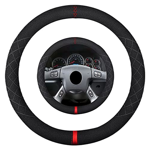 Suede Steering Wheel Cover,Compatible with GMC C K Series Envoy Savanna Van Sierra Yukon Acadia Suede Leather Sport Non-Slip Wheel Cover Car Interior Accessories 15 inch for Man and Women - color: Fit GMC O Shape Suede Red Mark in Black, size: 15 inch