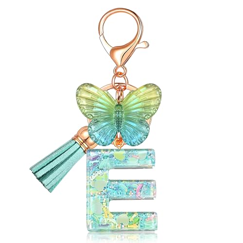 JINGUAZI Initial letter Keychains for Women Tassel Butterfly Pink Purple Cute Car Keychain for Wallet Backpack bag charm - color: E-green