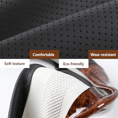 Wood Grain Steering Wheel Cover, Universal 15 Inch, Car Steering Wheel Protector Men Women, Comfort Finger Grips, Breathable Microfiber Leather, Anti-Slip, Black
