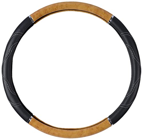 BDK Motor Trend Ergonomic Heavy Duty Large Steering Wheel Cover for Trucks Big Rigs Bus 18" Inch Large Steering Wheel, Light Wood with Black Leather Grip, Improve Grip Anti-Fatigue for Long Drives - color: Light Wood / Black