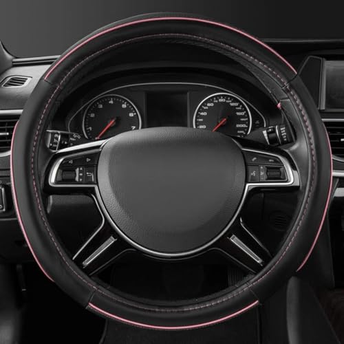 CAR Pass Colour Piping Leather Universal Fit Steering Wheel Cover, Perfectly fit for 14.5-15 inches Suvs, Vans, Trucks, Sedans, Cars (Black&Pink) - color: Black&Pink