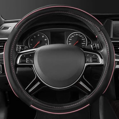 CAR Pass Colour Piping Leather Universal Fit Steering Wheel Cover, Perfectly fit for 14.5-15 inches Suvs, Vans, Trucks, Sedans, Cars (Black&Pink) - color: Black&Pink