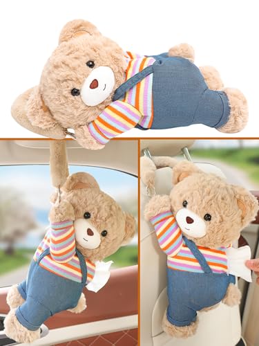 Cute Car Tissue Holder Accessories Animal Teddy Bear Funny Plushie Plush Hanging Tissue Cover Box in Car Decorative Tissue Storage for Home Bathroom Bedroom Office - style: Bear/Pink