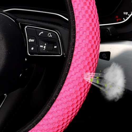 KAFEEK Elastic Stretch Steering Wheel Cover 15 Inch, Breathable Ice Silk Microfiber, Non-Slip Grip, Warm in Winter and Cool in Summer, Odorless, Car Accessories Fit Cars, SUVs, Rose Red - color: rose red
