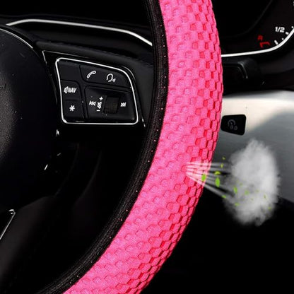 KAFEEK Elastic Stretch Steering Wheel Cover 15 Inch, Breathable Ice Silk Microfiber, Non-Slip Grip, Warm in Winter and Cool in Summer, Odorless, Car Accessories Fit Cars, SUVs, Rose Red - color: rose red