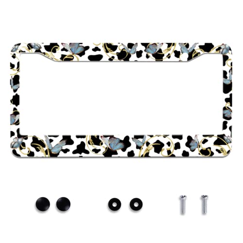 Personalise Cows and Butterfly License Plate Frames Cute Leopard License Plate Frame Car Universal Stainless Steel Accessories Cars Decor 2 Holes Screws Fits Standard US Vehicles Size 12.2 x 6 Inches - color: Cute Cows and Butterfly