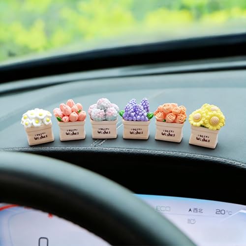 6PCS Flower Car Dashboard Decorations, Daisy Car Dashboard Decor Rear View Mirror Ornaments, Cute Car Accessories for Women