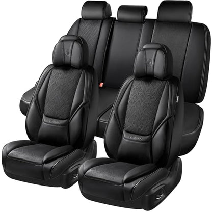 CAR PASS Nappa Leather Car Seat Covers 5 Seat, Luxury Lumbar Support, Waterproof Breathable Durable All Coverage Leatherette Seat Covers for SUVs,Pickups,Trucks,Vehicles (Full Set Solid Black) - color: Black