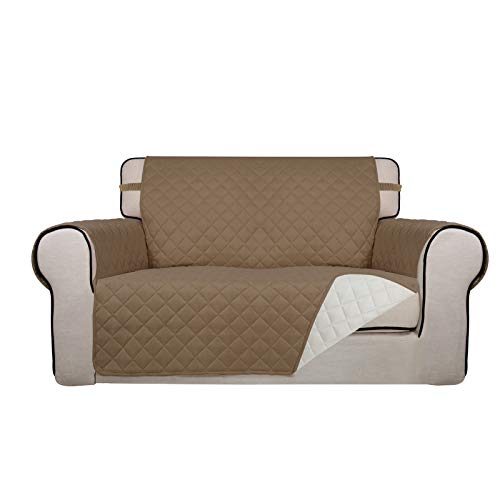 PureFit Reversible Quilted Sofa Cover, Water Resistant Medium Slipcover Furniture Protector, Washable Couch Cover with Non Slip Foam and Elastic Straps for Kids, Dogs, Pets (Loveseat, Camel/Ivory) - color: Camel/Ivory, size: Medium