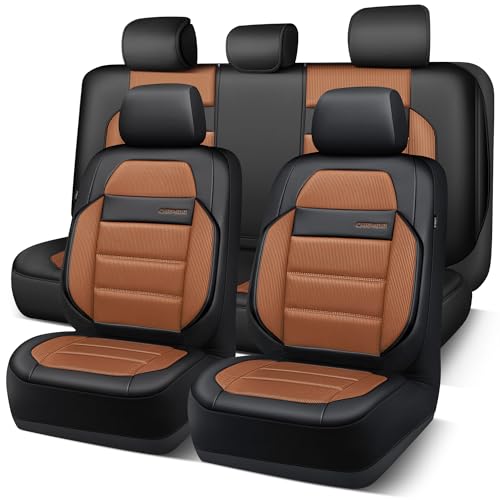 CAR PASS Memory Foam Seat Covers Full Sets, Airy Cool Mesh Thick Car Seat Covers, Leather Car Seat Covers 5 Seats Airbag Compatible, Universal Automotive Comfort for Most Cars, Trucks, SUV, Brown - color: brown