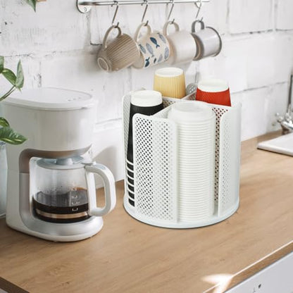 Rotating Cup Dispenser, Coffee Cup Holder with 4 Compartments, Disposable Paper Cup Organizer Fits 5 to 16 oz Cups for Kitchen Cabinets, Detachable Plastic Cup Stand & Lid Holder, White - color: White