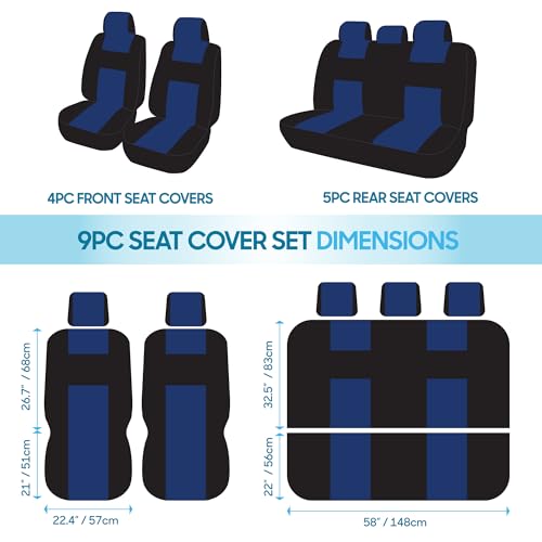 BDK PolyPro Car Seat Covers Full Set in Blue on Black, Front and Rear Split Bench Seat Covers for Cars, Easy to Install Car Seats Cover Set and Accessories for Auto Trucks Van SUV - Blue - color: Blue
