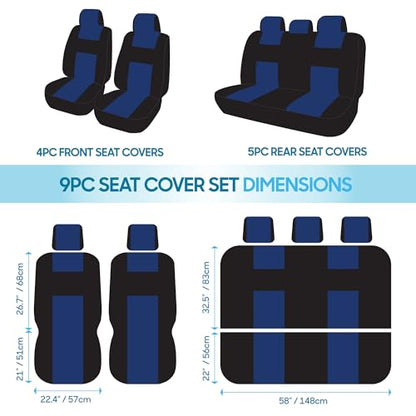 BDK PolyPro Car Seat Covers Full Set in Blue on Black, Front and Rear Split Bench Seat Covers for Cars, Easy to Install Car Seats Cover Set and Accessories for Auto Trucks Van SUV - Blue - color: Blue