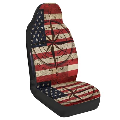 Front Car Seat Covers, American Flag Compass Print Comfortable Breathable Car Front Seat Cover Waterproof, Universal Auto Seat Cover Compatible with Airbag, Easy to Install, Set of 2 - color: American Flag Compass - Red and Beige
