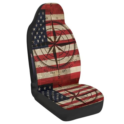 Front Car Seat Covers, American Flag Compass Print Comfortable Breathable Car Front Seat Cover Waterproof, Universal Auto Seat Cover Compatible with Airbag, Easy to Install, Set of 2 - color: American Flag Compass - Red and Beige
