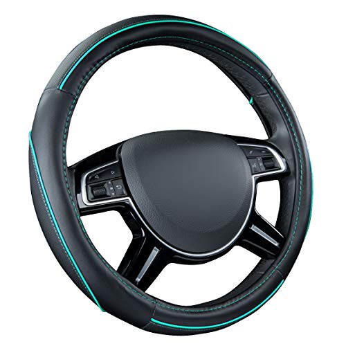 Car Pass Colour Piping Leather Universal Fit Steering Wheel Cover,Perfectly fit for 14.5-15 inches for Various Vehicles SUVs,Vans,Sedans,Cars (Black & Mint) - color: Black and Mint