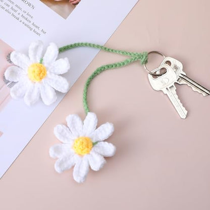 Ymapinc Crochet Car Accessories, Cute Hanging Rear View Mirror Decor Daisy Flower Charm for Women Handmade Knitted BOHO Aesthetic Pendant(Cotton)