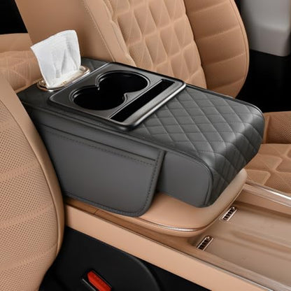 Car Armrest Pad, Universal Armrest Cushion Pad, Leather Armrest Box Pad - color: With cup holder, Grey