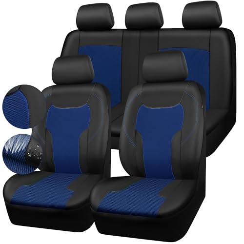 CAR-GRAND Leather Car Seat Covers Full Set, Airbag Compatible Breathable Air Mesh Car Seat Covers, Universal Fit Seat Covers Protector for Cars Trucks SUV Pick-up Sedan Interior (Black Blue) - color: Black+Blue, size: Full Set