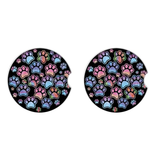 2 Pack Absorbent Car Coasters for Cup Holders,Gradient Black Dog paw Print Ceramic Coasters with Cork Back and Finger Slot,2.56" Auto Accessories for Women & Men. - color: Black Dog Paw Print 1