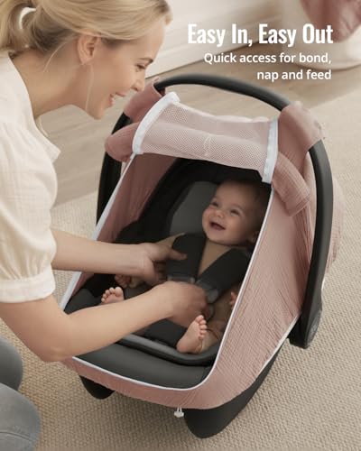 Blissful Diary Baby Car Seat Cover, Extra Large Mesh Window, Breathable Muslin Cotton, Infant Windproof Canopy-Dusty Pink - color: Dusty Pink