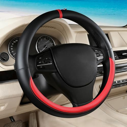 Black Red Car Steering Wheel Cover, Nappa Leather, Bottom Color Blocking, Universal 14.5-15 Inch Leather Anti-Slip Breathable Auto Steering Wheel Covers for Men Women - color: Black Red