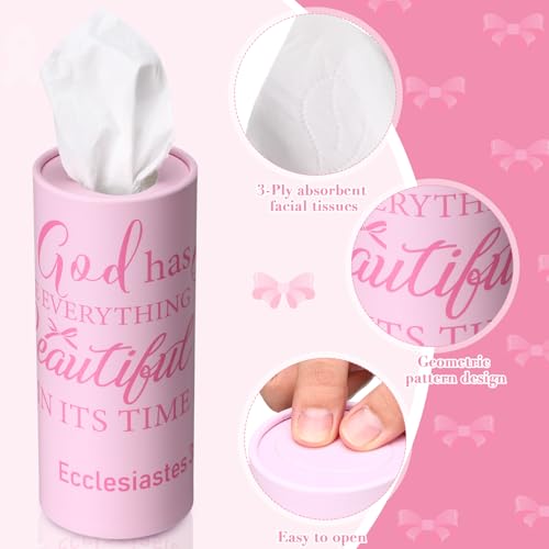 Outus 12 Pcs Christian Car Tissues Cylinder Holder with 3 Ply Facial Tissue Bulk Pink Bow Religious Round Tissue Holder Inspirational Scripture Travel Tissues Boxes Container for Car Cup Home Office - style: Religious Bow
