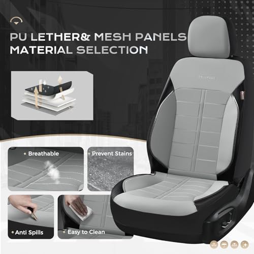 Coverado Full Set Leather Car Seat Covers, Crafted with Full Leather Construction and Carbon Fibre Weave Universal Fit for Most Cars SUV Trucks(Gray - color: Gray, size: FullSet