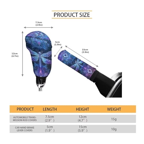 Dragonfly Mandala Flower Printed 2 Piece Car Handbrake and Gear Shift Knob Cover Set, Stretchy Universal Auto Interior Accessories for SUV Truck Vehicle - color: Dragonfly Mandala Flower - Blue and Purple