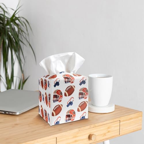Tissue Box Cover Holder - Football Sports PU Leather Tissue Box Cover with Bottom Belt, Square Facial Paper Organizer for Tabletop, Bathroom, Kitchen, Car & Office -048 - color: Football