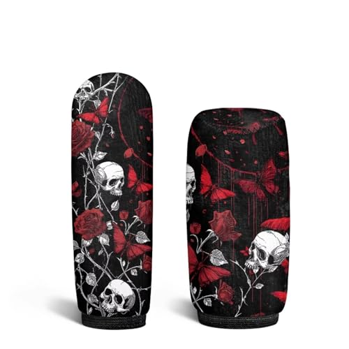 Skull Rose Print 2 Pcs Car Shift Knob Cover Handbrake Cover Set, Stretchy Car Gear Shift Knob Cover and Auto Selector Handball Collar Vehicle Interior Accessories - color: Skull Rose