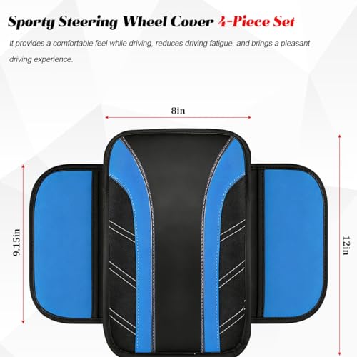 4PCS Car Accessories Set, 14.5-15" Sporty Microfiber Leather Steering Wheel Cover with Anti-Slip Lining, Center Console Cover, Seat Belt Cushion, Universal Fit (Black/Blue)
