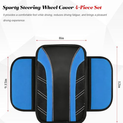 4PCS Car Accessories Set, 14.5-15" Sporty Microfiber Leather Steering Wheel Cover with Anti-Slip Lining, Center Console Cover, Seat Belt Cushion, Universal Fit (Black/Blue)