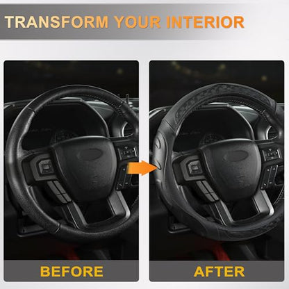 Black Seal Custom-Fit Steering Wheel Cover for Ford F-150, F-250, F-350, Expedition, 15.5–16", Anti-Slip PU Leather (Black) - color: Black