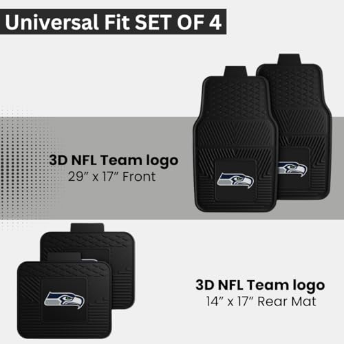 Fanmats Seattle Seahawks Set of 4 Car Mats for Cars, SUV, Pickups - All Weather Technology Protection, Deep Reservoir Design, Universal Fit - 3D NFL Team Logo - 29” x 17” Front - 14”x17” Rear Mat