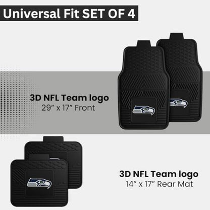 Fanmats Seattle Seahawks Set of 4 Car Mats for Cars, SUV, Pickups - All Weather Technology Protection, Deep Reservoir Design, Universal Fit - 3D NFL Team Logo - 29” x 17” Front - 14”x17” Rear Mat