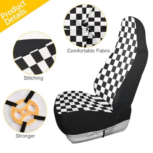 Checkered Car Seat Covers Set of 2,Geometric Checkered Plaid Pattern Black White Car Racing Sports Chess Board Universal Front Seat Protector for Women Men Cute Car Accessories for Trucks - color: Black White