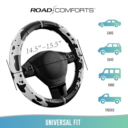Road Comforts Cow Pattern Steering Wheel Cover - Made with PVC Leather - Anti-Slip, Universal Fit 14 1/2 inches to 15 inches