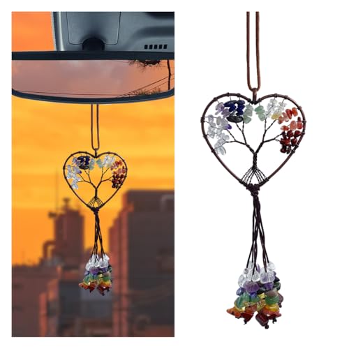 Chakra Colored Stones Car Rear View Mirror Charm, Handmade Auto Mirror Hanging Accessories, Crystal Tree of Life Car Ornament, Lucky Auto Interior Decoration Pendant for Women Men (Heart Shape) - color: Heart Shape